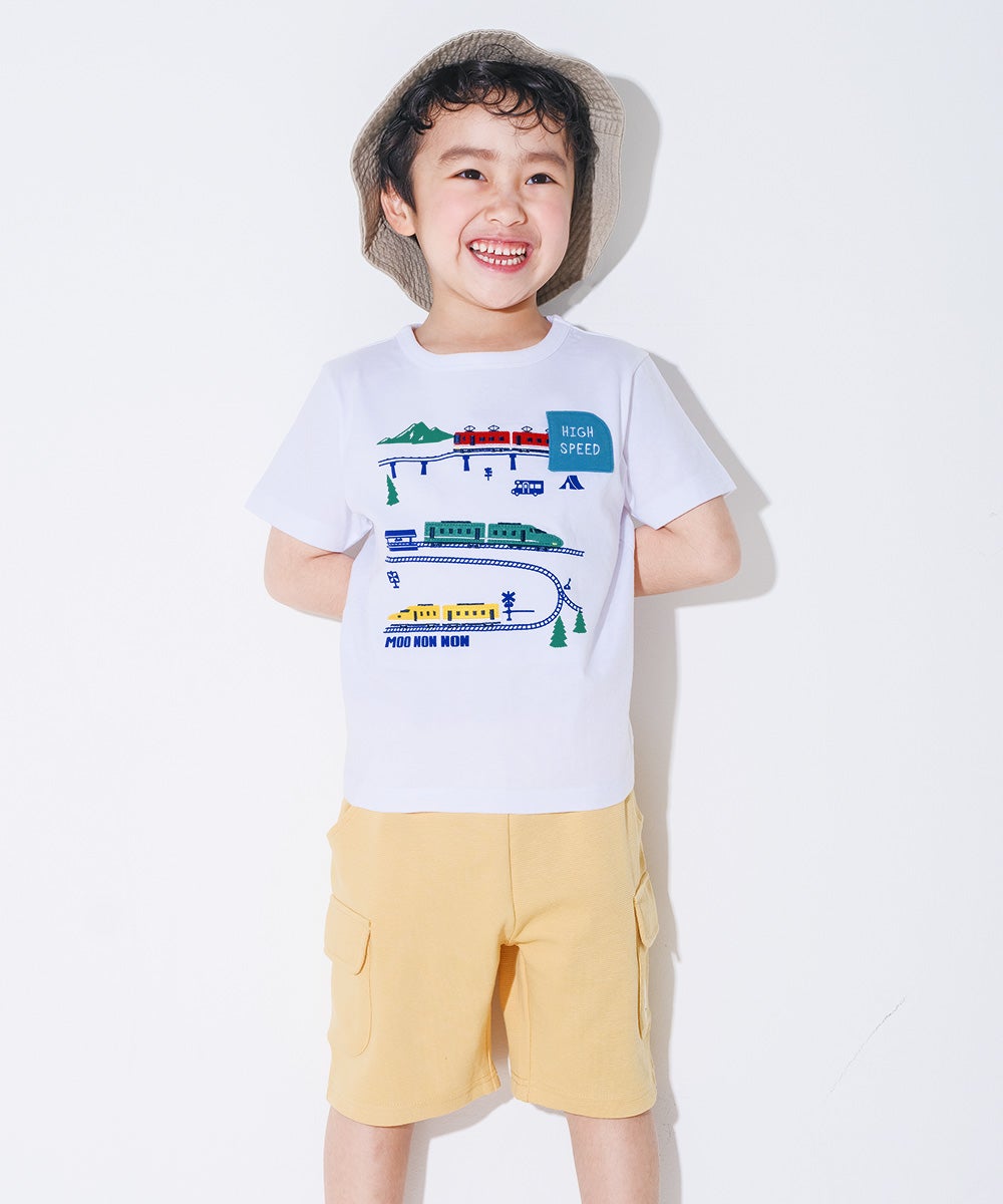 ベビー服 男の子 子ども服 こども キッズ 綿100％ コットン 電車 ワッペン ティーシャツ カットソー 半そで オフホワイト(11) モデル画像3