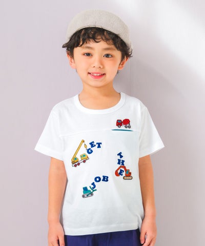 ベビー服 男の子 子ども服 こども キッズ 綿 コットン 働く車 ロゴ 刺繍 チェック柄 切り替え ティーシャツ