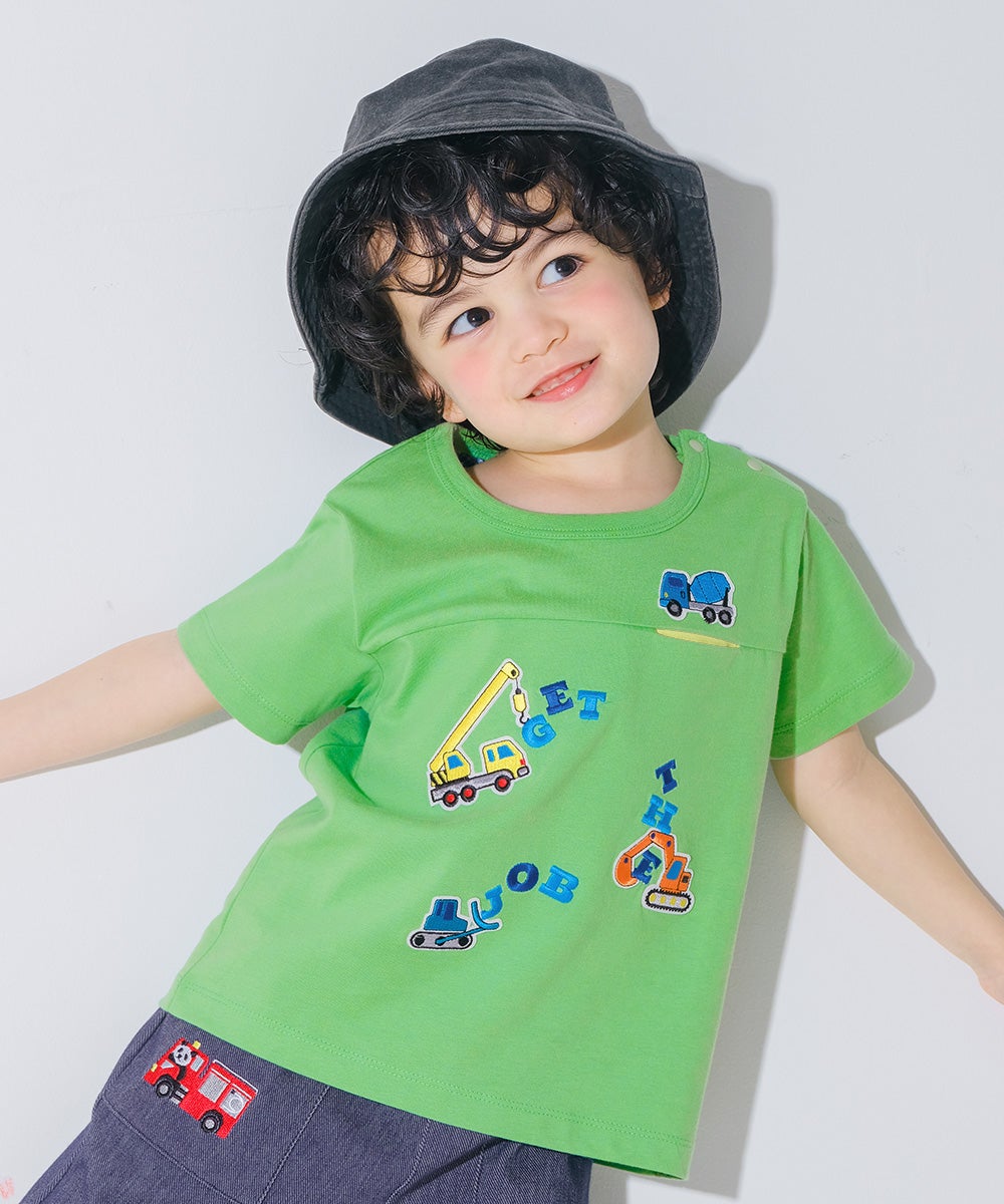 ベビー服 男の子 子ども服 こども キッズ 綿 コットン 働く車 ロゴ 刺繍 チェック柄 切り替え ティーシャツ グリーン(08) モデル画像アップ