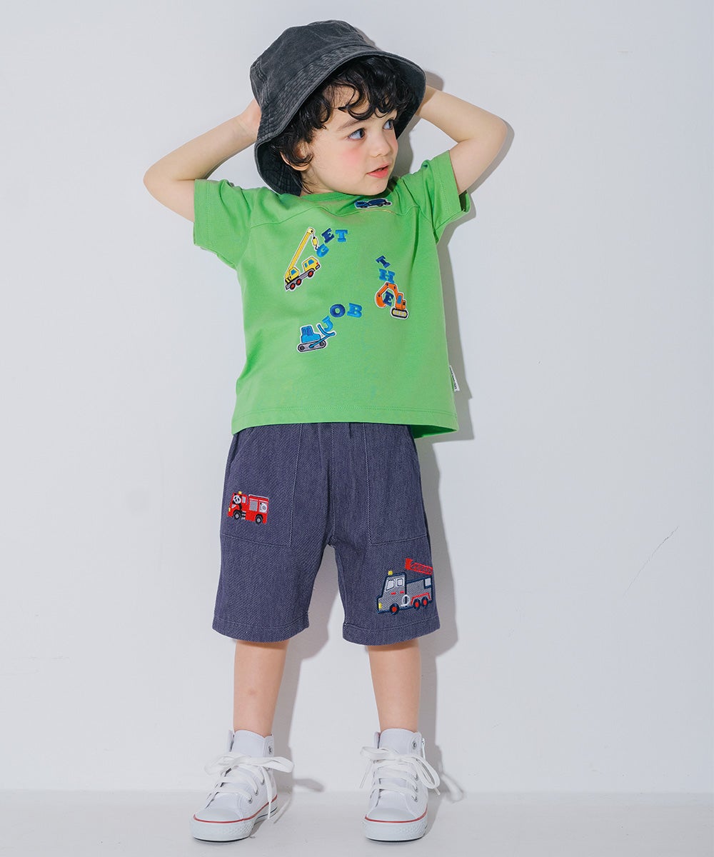 ベビー服 男の子 子ども服 こども キッズ 綿 コットン 働く車 ロゴ 刺繍 チェック柄 切り替え ティーシャツ グリーン(08) モデル画像全身