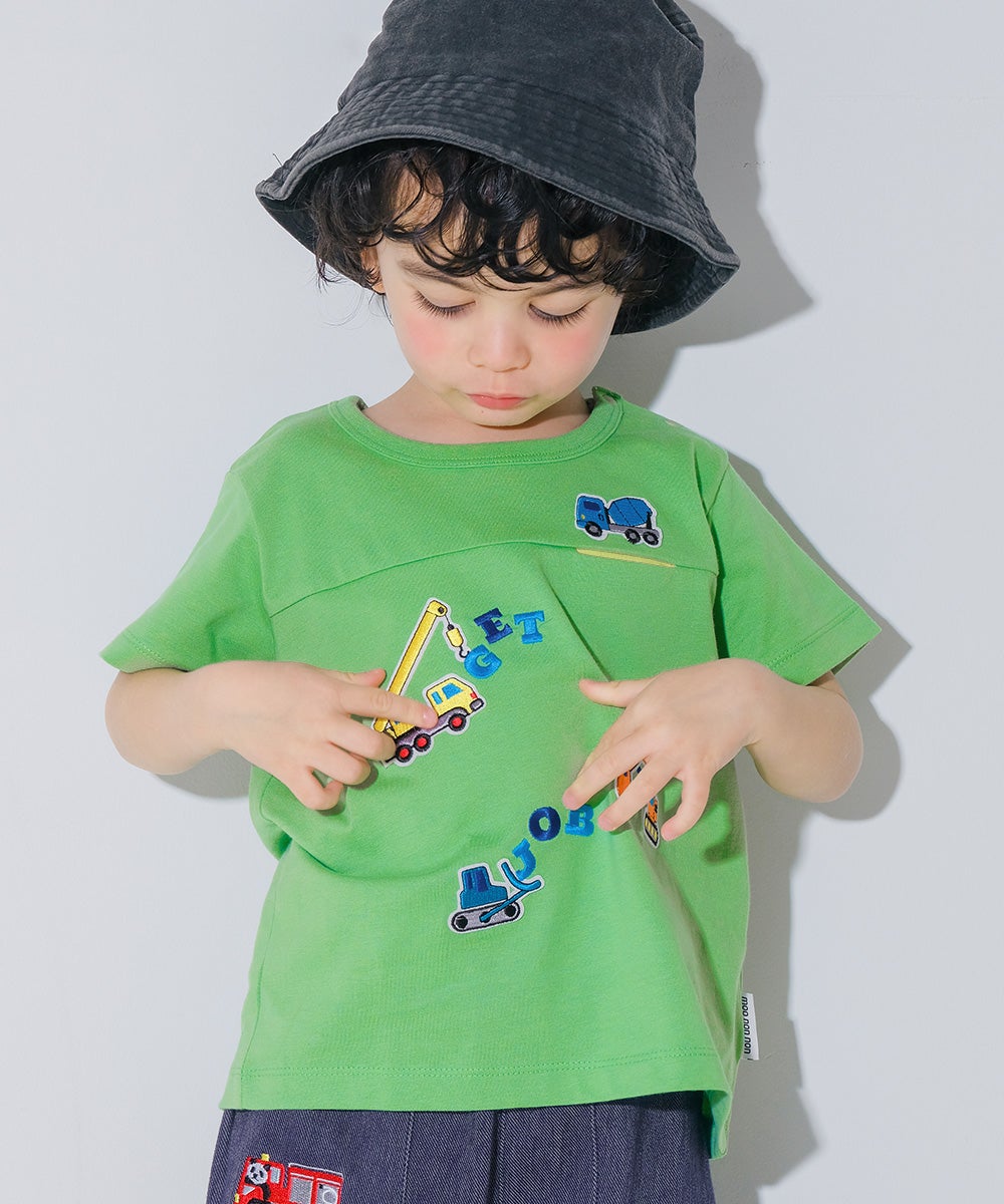 ベビー服 男の子 子ども服 こども キッズ 綿 コットン 働く車 ロゴ 刺繍 チェック柄 切り替え ティーシャツ グリーン(08) モデル画像1