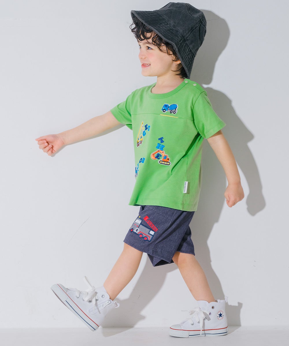 ベビー服 男の子 子ども服 こども キッズ 綿 コットン 働く車 ロゴ 刺繍 チェック柄 切り替え ティーシャツ グリーン(08) モデル画像2