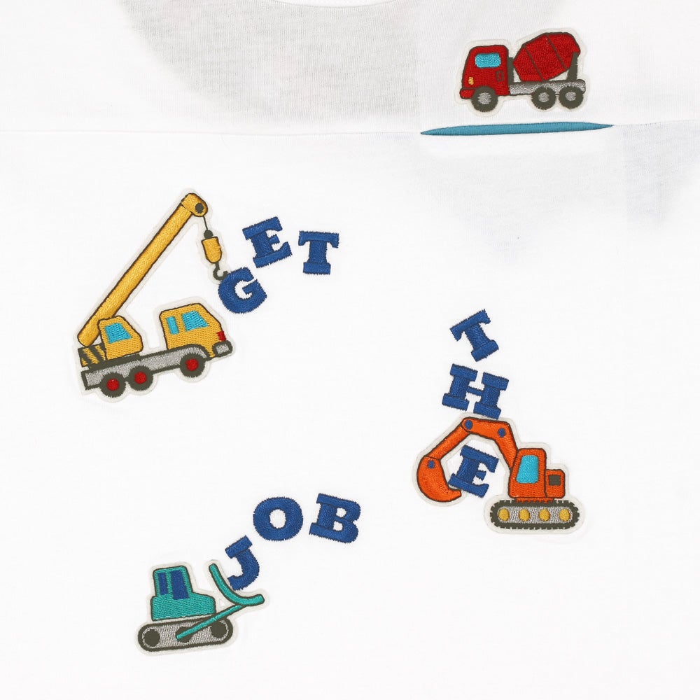 ベビー服 男の子 子ども服 こども キッズ 綿 コットン 働く車 ロゴ 刺繍 チェック柄 切り替え ティーシャツ オフホワイト(11) デザインポイント1