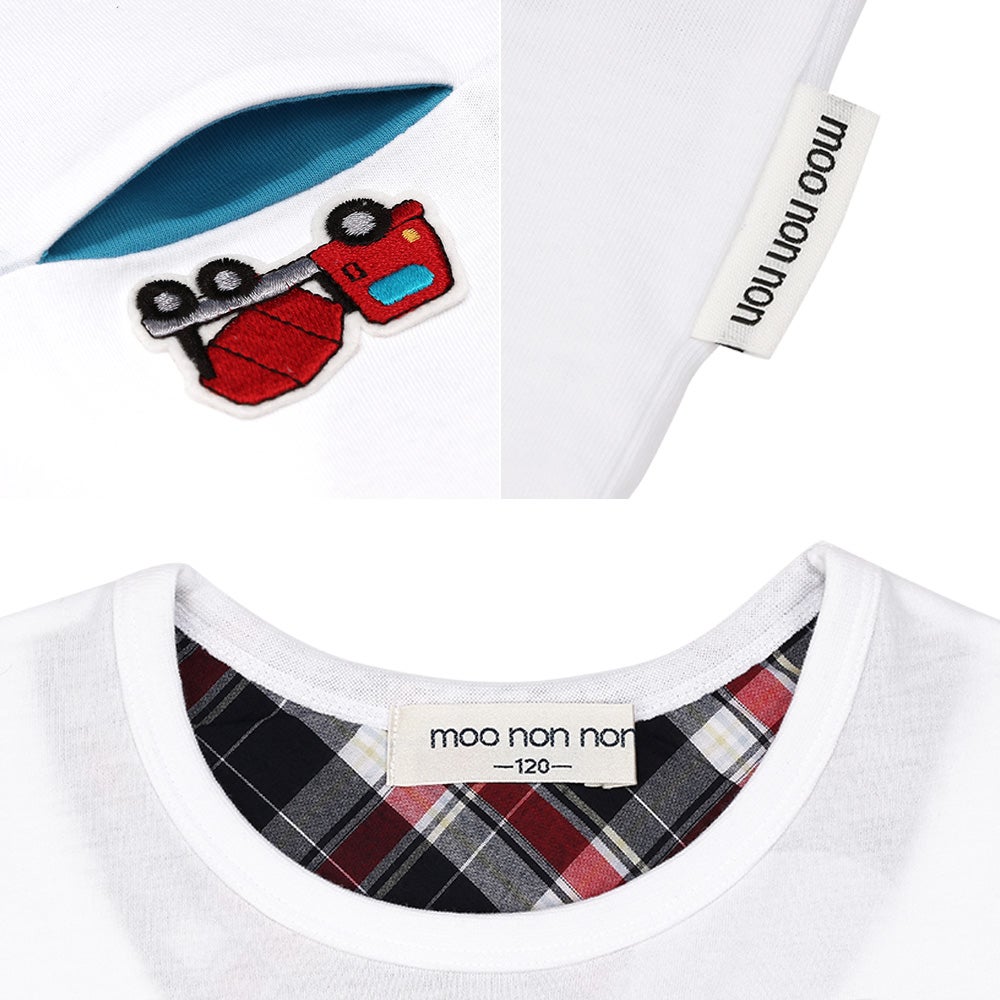 ベビー服 男の子 子ども服 こども キッズ 綿 コットン 働く車 ロゴ 刺繍 チェック柄 切り替え ティーシャツ オフホワイト(11) デザインポイント2