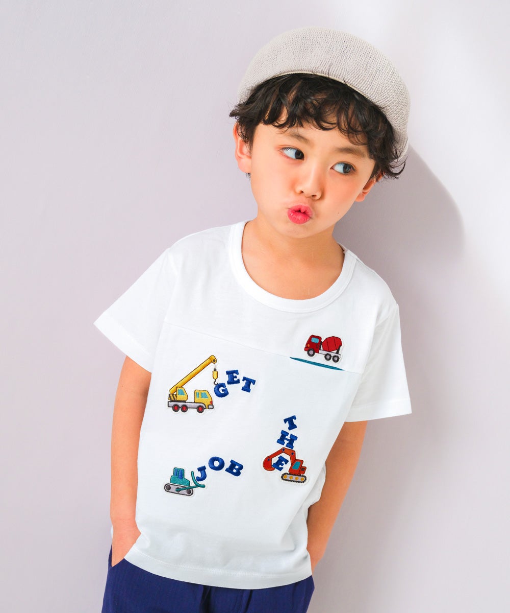ベビー服 男の子 子ども服 こども キッズ 綿 コットン 働く車 ロゴ 刺繍 チェック柄 切り替え ティーシャツ オフホワイト(11) モデル画像1