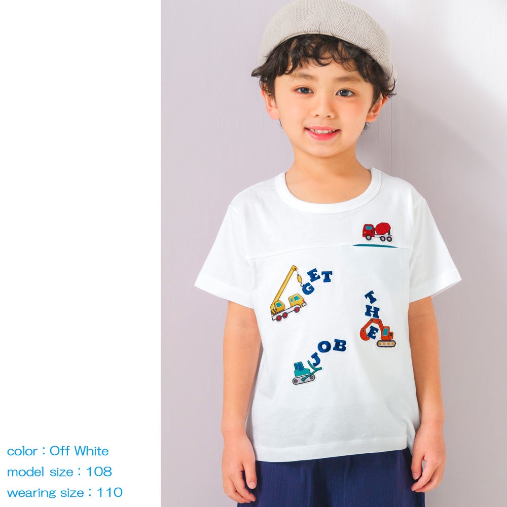 ベビー服 男の子 子ども服 こども キッズ 綿 コットン 働く車 ロゴ 刺繍 チェック柄 切り替え ティーシャツ