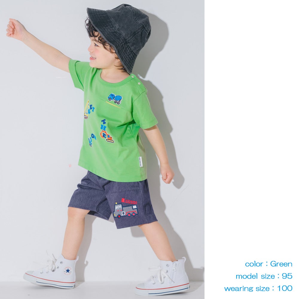 ベビー服 男の子 子ども服 こども キッズ 綿 コットン 働く車 ロゴ 刺繍 チェック柄 切り替え ティーシャツ