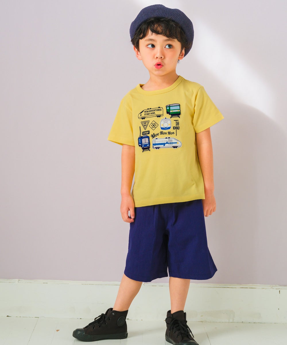 ベビー服 男の子 子ども服 こども キッズ 綿100％ コットン 乗り物 電車 ワッペン ロゴ プリント ティーシャツ イエロー(04) モデル画像アップ