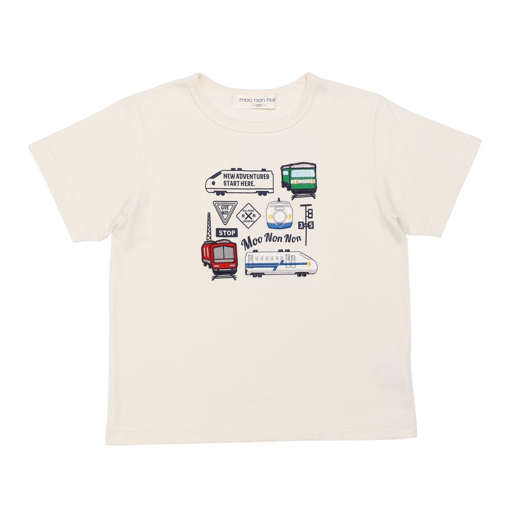 ベビー服 男の子 子ども服 こども キッズ 綿100％ コットン 乗り物 電車 ワッペン ロゴ プリント ティーシャツ アイボリー(12) 正面