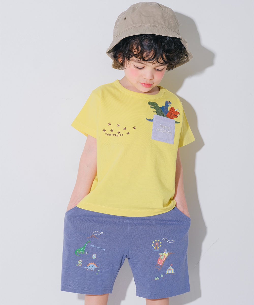 ベビー服 男の子 子ども服 こども服 キッズ カジュアル 恐竜 刺繍 　ポケット イエロー(04) モデル画像全身