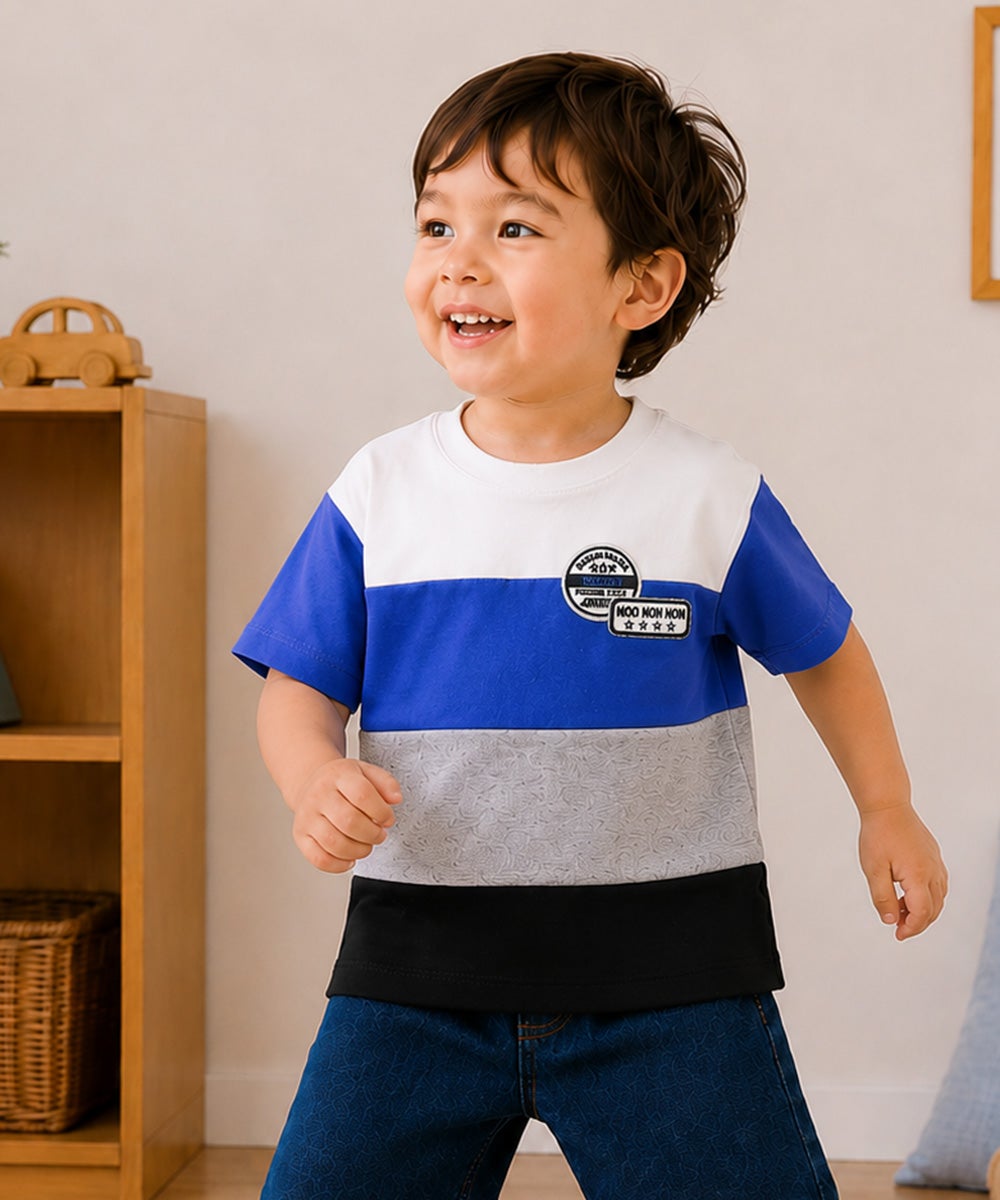 子供服 男の子 綿100％ 4色切り替え カラフル Tシャツ ブルー(61)