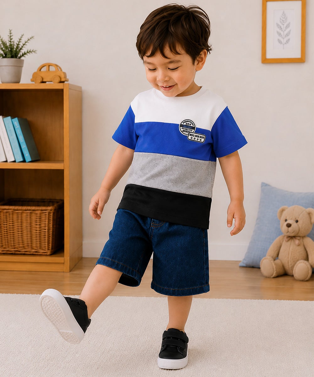 子供服 男の子 綿100％ 4色切り替え カラフル Tシャツ ブルー(61)