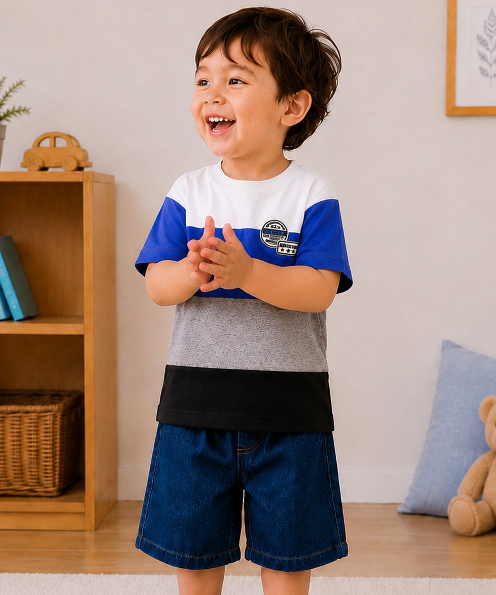 子供服 男の子 綿100％ 4色切り替え カラフル Tシャツ ブルー(61)