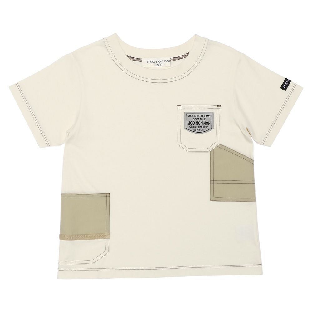 ベビー服 男の子 綿100％  ロゴ ワッペン ポケット付き Tシャツ アイボリー(12) 正面