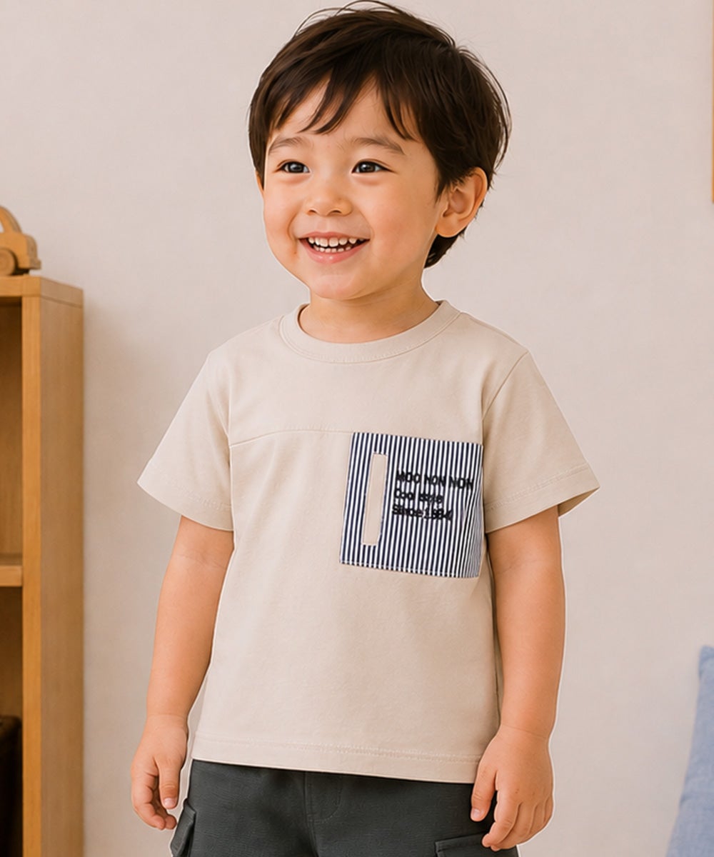 子供服 男の子 綿100％ ストライプ ロゴ刺繍 Tシャツ ベージュ(51)