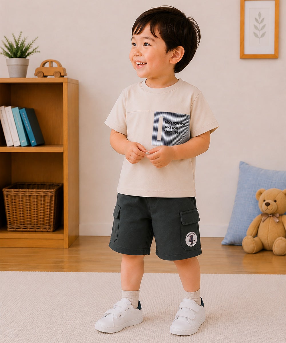 子供服 男の子 綿100％ ストライプ ロゴ刺繍 Tシャツ ベージュ(51)