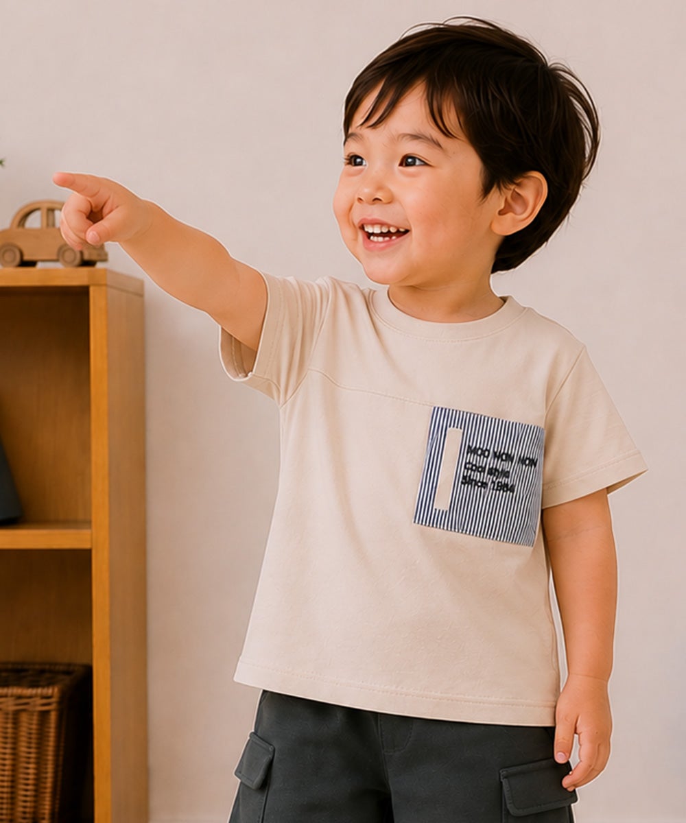 子供服 男の子 綿100％ ストライプ ロゴ刺繍 Tシャツ ベージュ(51)