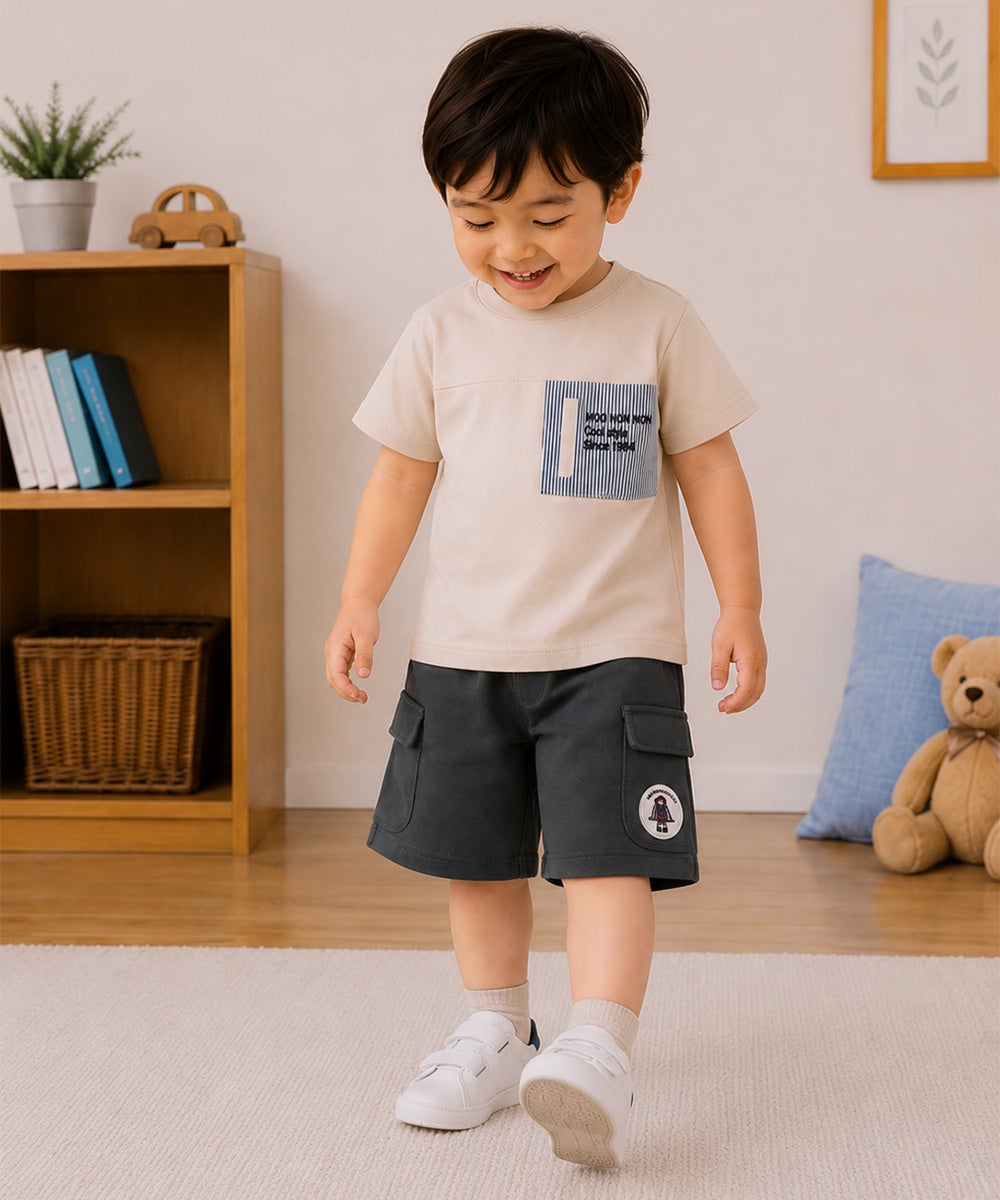 子供服 男の子 綿100％ ストライプ ロゴ刺繍 Tシャツ ベージュ(51)