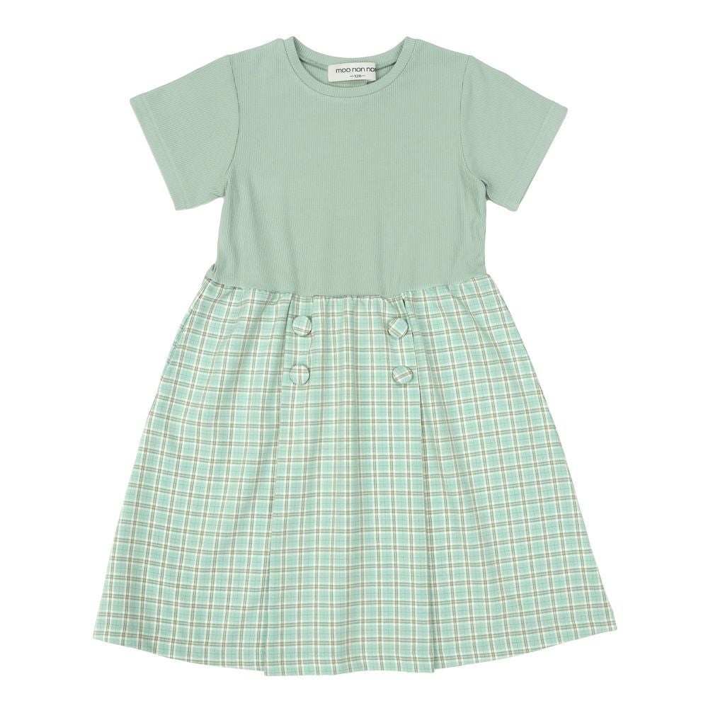 子供服 女の子 チェック柄＆飾りボタン付き　ワンピース グリーン(08) 正面