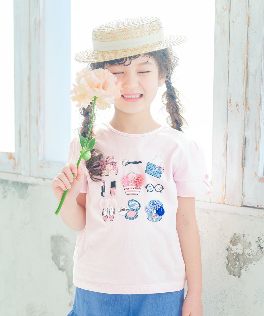 子供服 女の子 綿100％ 小物モチーフ 裾フリル Tシャツ ピンク(02) モデル画像1