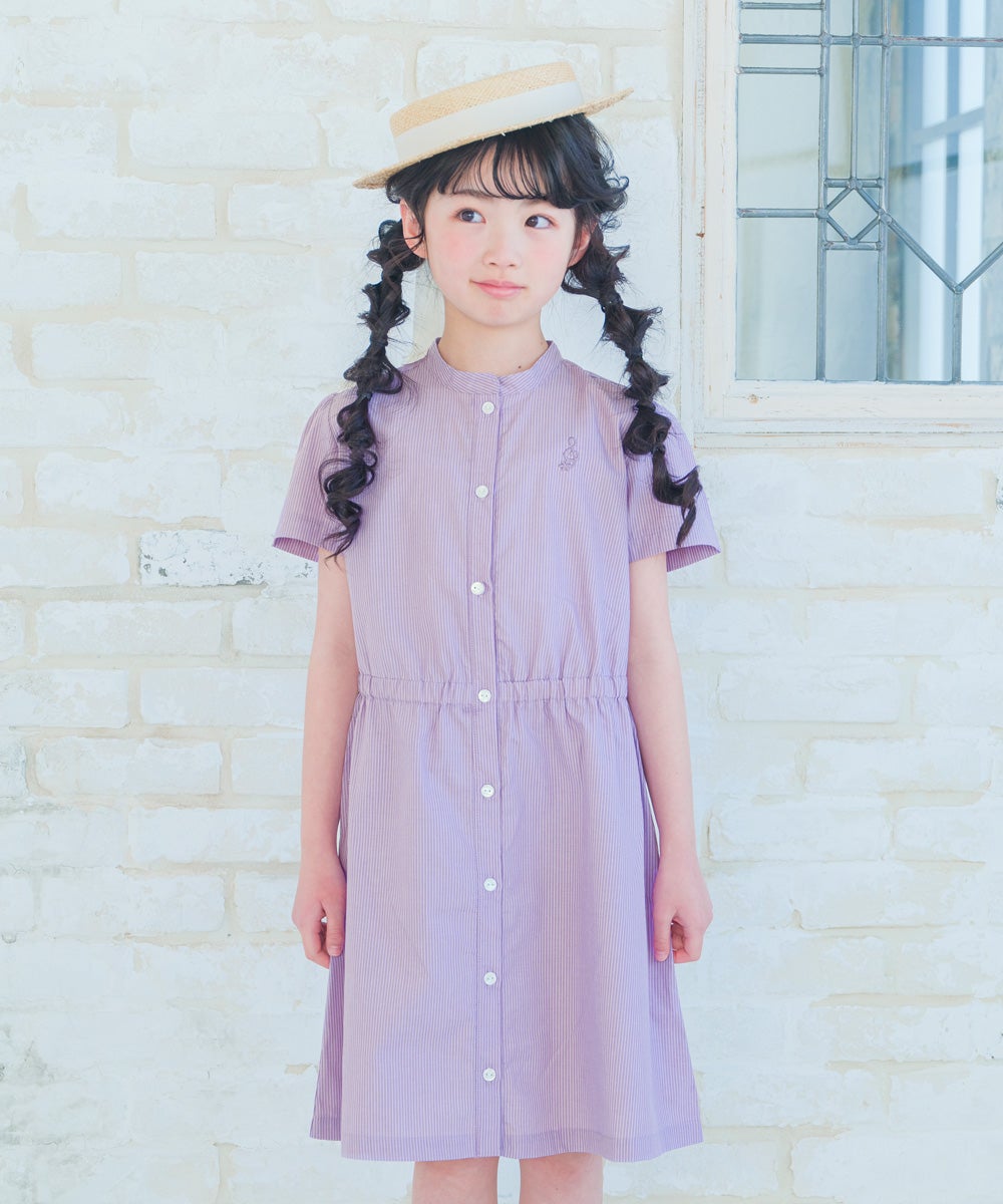 子供服 女の子 子ども服 こども服 こども キッズ ジュニア ストライプ柄 音符 刺繍 スタンドカラー 襟 半そで