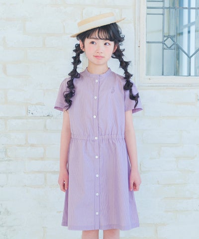 子供服 女の子 子ども服 こども服 こども キッズ ジュニア ストライプ柄 音符 刺繍 スタンドカラー 襟 半そで