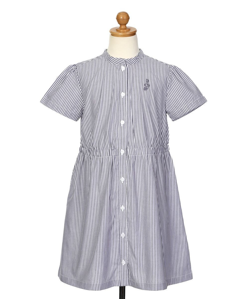 子供服 女の子 ストライプ柄 音符刺繍 前開きワンピース ネイビー(06) トルソー正面