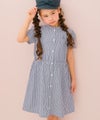 子供服 女の子 子ども服 こども服 こども キッズ ジュニア ストライプ柄 音符 刺繍 スタンドカラー 襟 半そで ネイビー(06) モデル画像アップ
