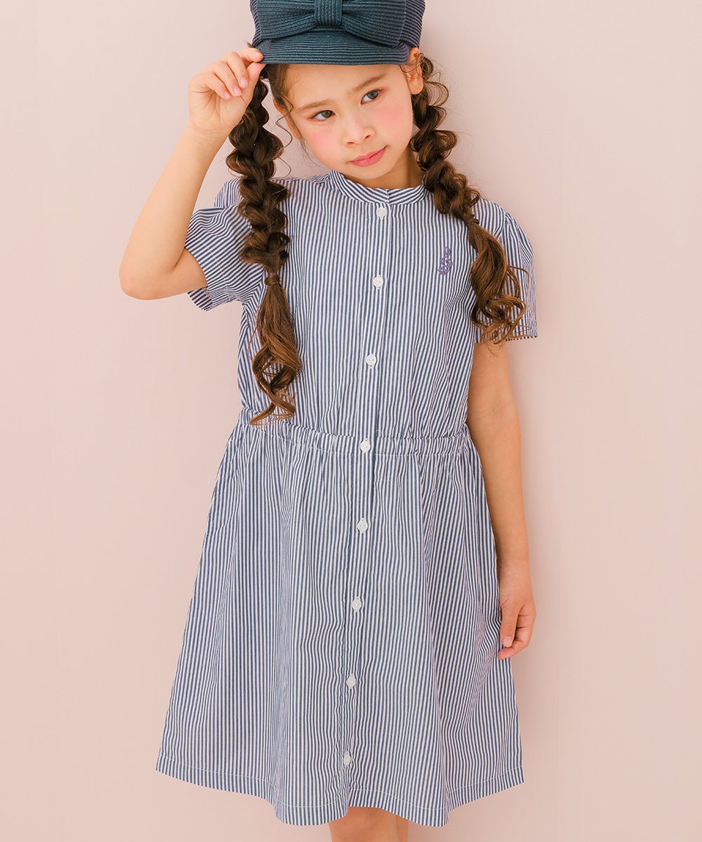 子供服 女の子 子ども服 こども服 こども キッズ ジュニア ストライプ柄 音符 刺繍 スタンドカラー 襟 半そで ネイビー(06) モデル画像アップ