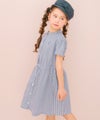 子供服 女の子 子ども服 こども服 こども キッズ ジュニア ストライプ柄 音符 刺繍 スタンドカラー 襟 半そで ネイビー(06) モデル画像全身