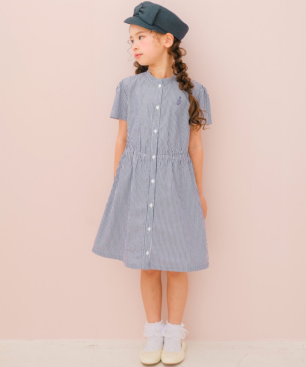 子供服 女の子 子ども服 こども服 こども キッズ ジュニア ストライプ柄 音符 刺繍 スタンドカラー 襟 半そで ネイビー(06) モデル画像3