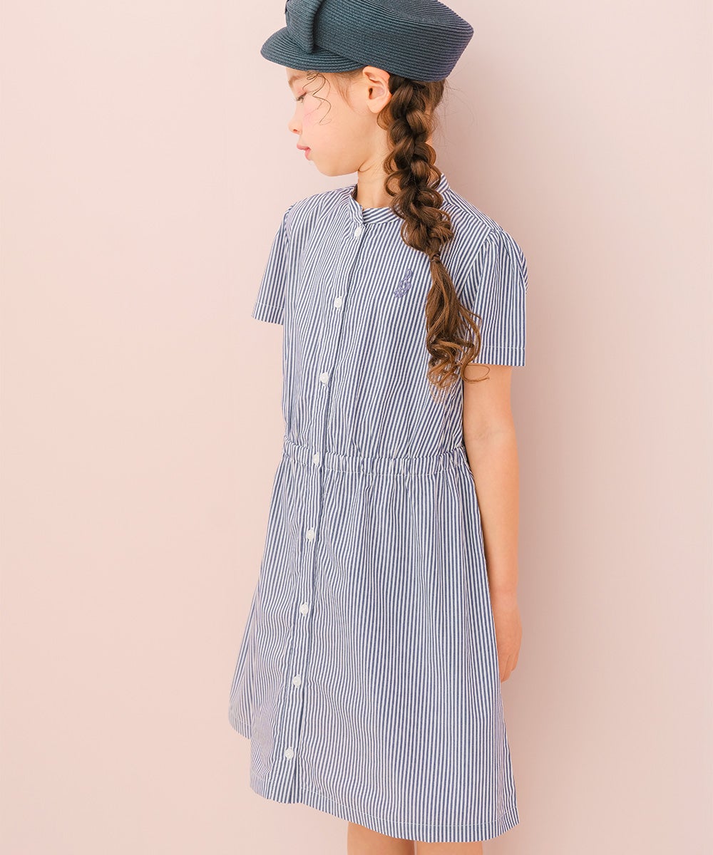 子供服 女の子 子ども服 こども服 こども キッズ ジュニア ストライプ柄 音符 刺繍 スタンドカラー 襟 半そで ネイビー(06) モデル画像4