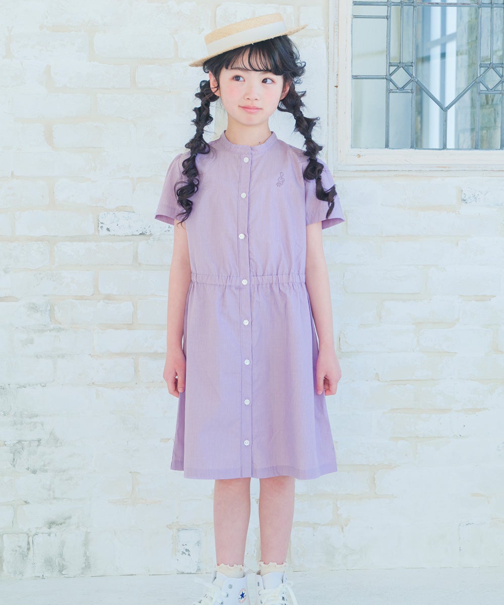 子供服 女の子 子ども服 こども服 こども キッズ ジュニア ストライプ柄 音符 刺繍 スタンドカラー 襟 半そで パープル(91) モデル画像アップ