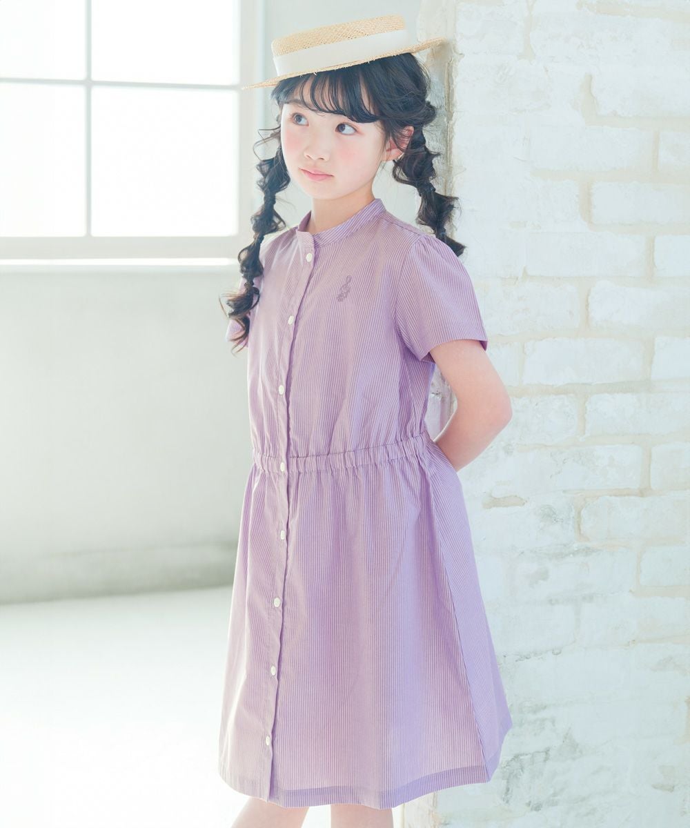 子供服 女の子 ストライプ柄 音符刺繍 前開きワンピース パープル(91) モデル画像1