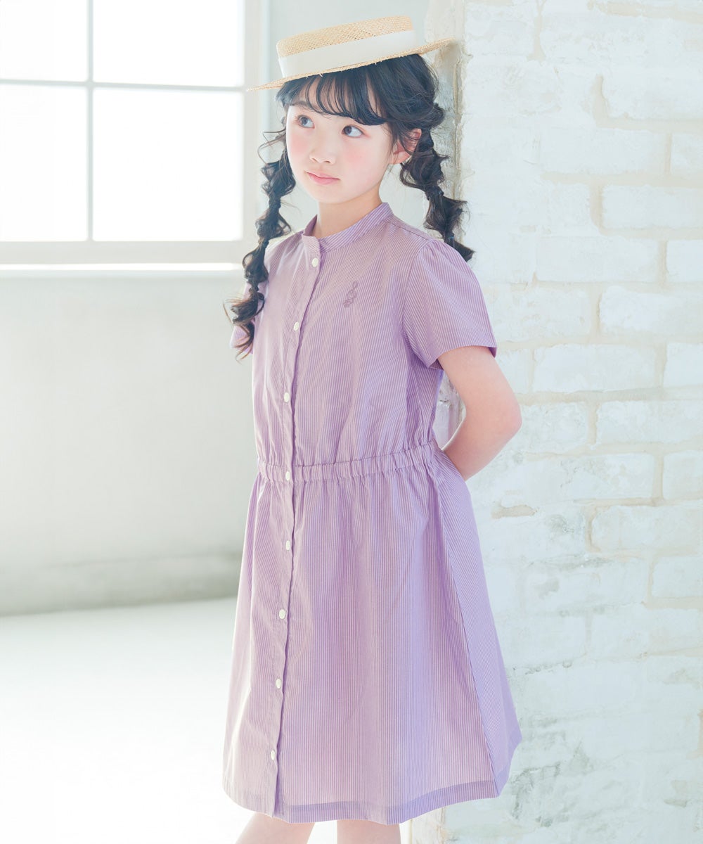 子供服 女の子 子ども服 こども服 こども キッズ ジュニア ストライプ柄 音符 刺繍 スタンドカラー 襟 半そで パープル(91) モデル画像1