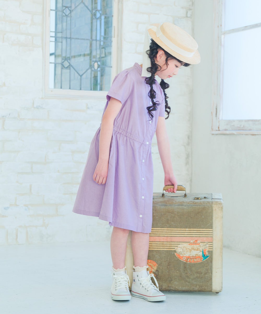 子供服 女の子 子ども服 こども服 こども キッズ ジュニア ストライプ柄 音符 刺繍 スタンドカラー 襟 半そで パープル(91) モデル画像3