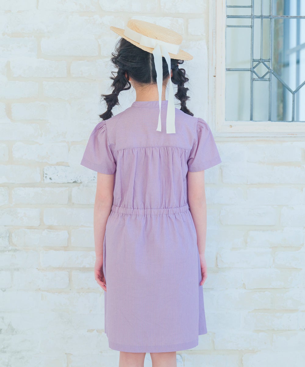 子供服 女の子 子ども服 こども服 こども キッズ ジュニア ストライプ柄 音符 刺繍 スタンドカラー 襟 半そで パープル(91) モデル画像4
