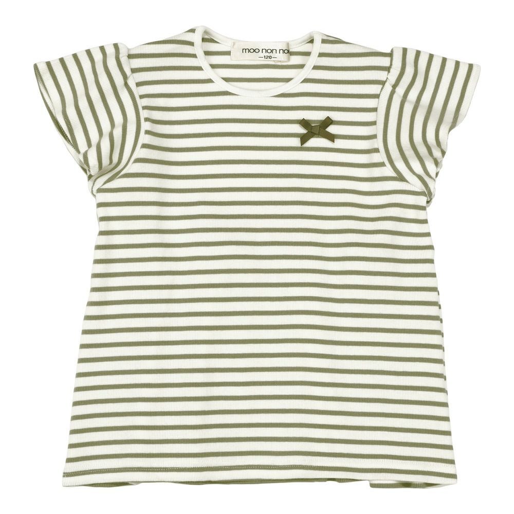 子供服 女の子 リボン付き ボーダー柄 Tシャツ グリーン(08) 正面