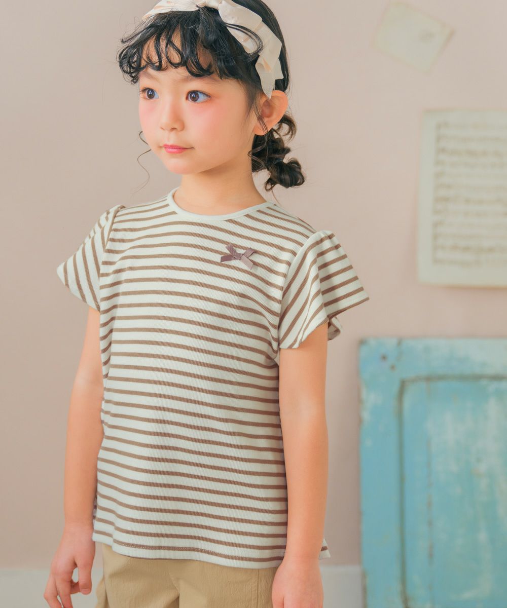 子供服 女の子 リボン付き ボーダー柄 Tシャツ ベージュ(51) モデル画像1
