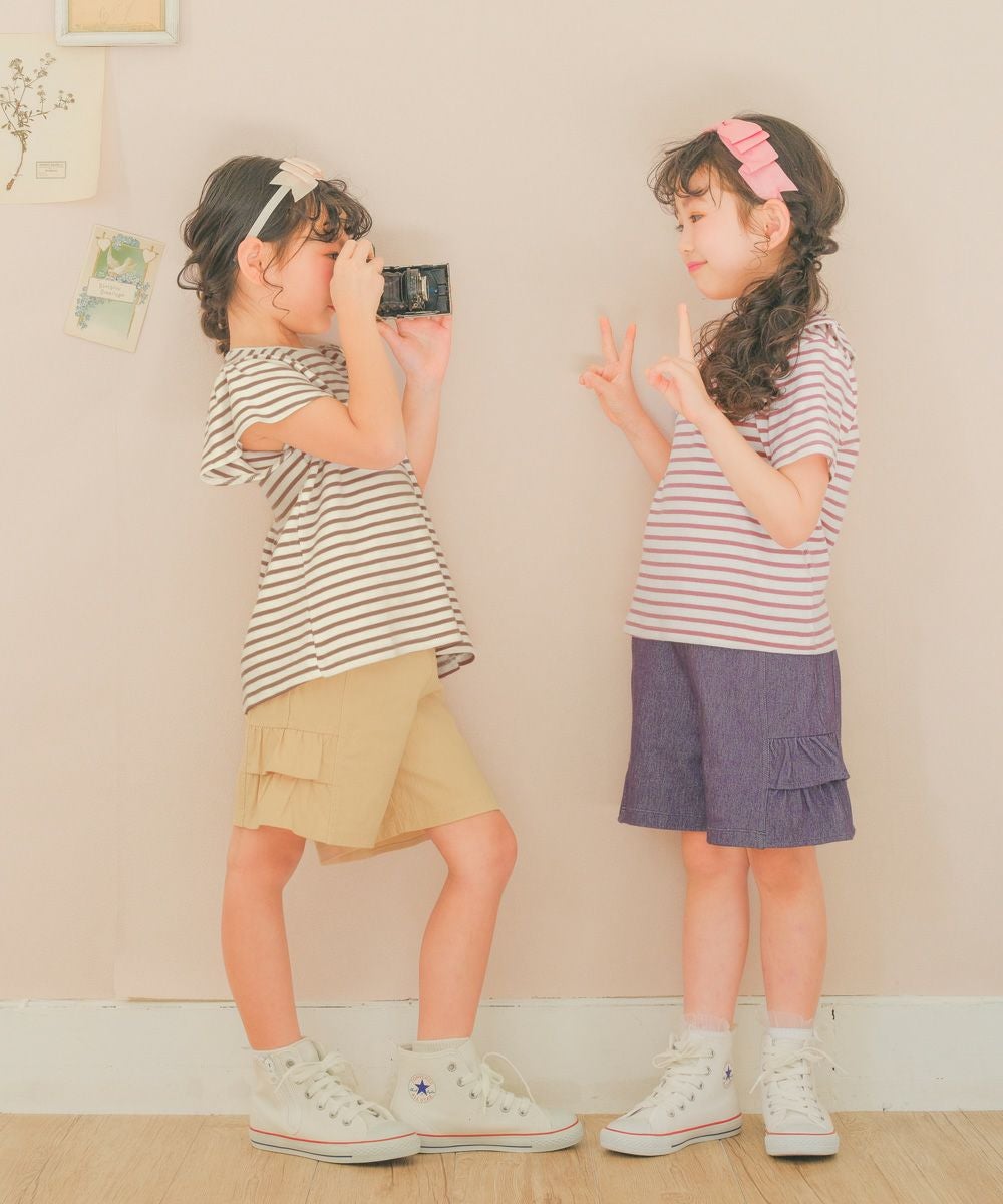 子供服 女の子 リボン付き ボーダー柄 Tシャツ ベージュ(51) モデル画像4