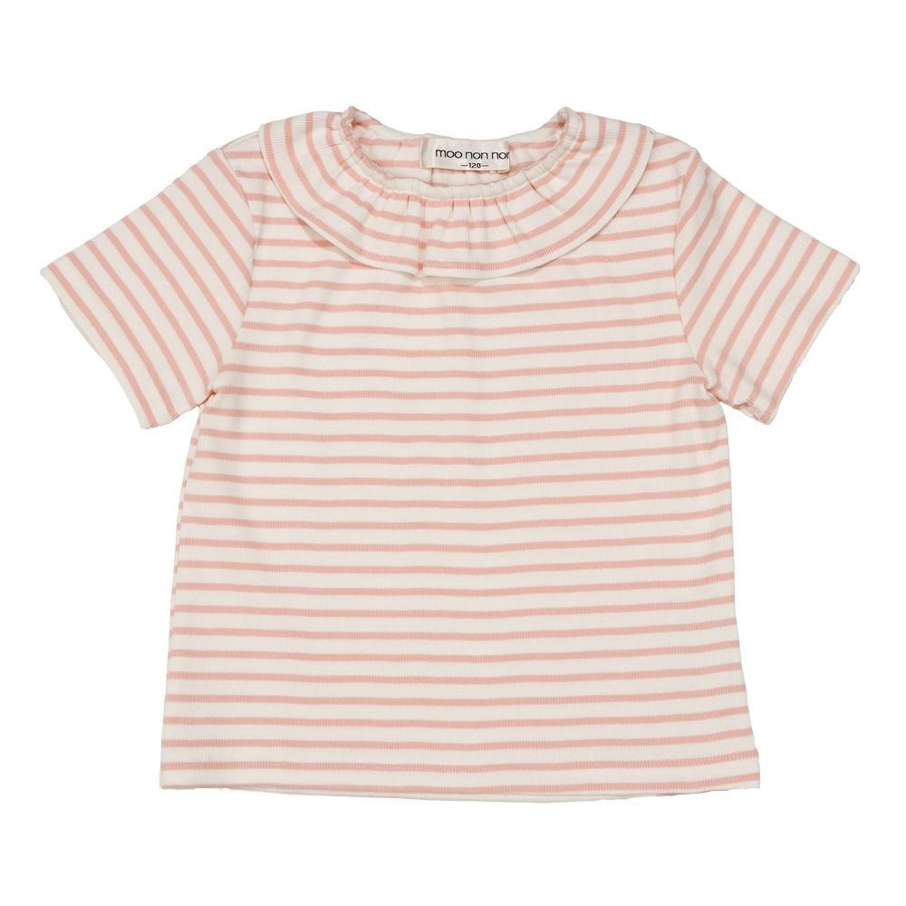 ベビー服 女の子 フリル衿 ボーダー ベーシック Tシャツ ピンク(02) 正面