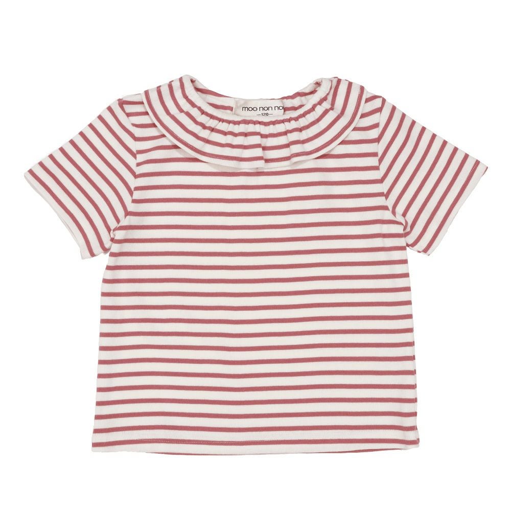 ベビー服 女の子 フリル衿 ボーダー ベーシック Tシャツ ショッキングピンク(21) 正面