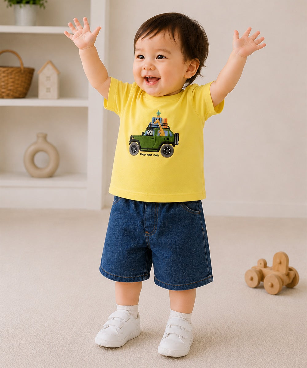 ベビー服 男の子 インディゴ染め ウエストゴム デニム ネイビー(06) モデル画像全身