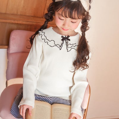 子供服 女の子 こども服 キッズ リブ フリル メロウ リボン ブランドロゴ 襟付き