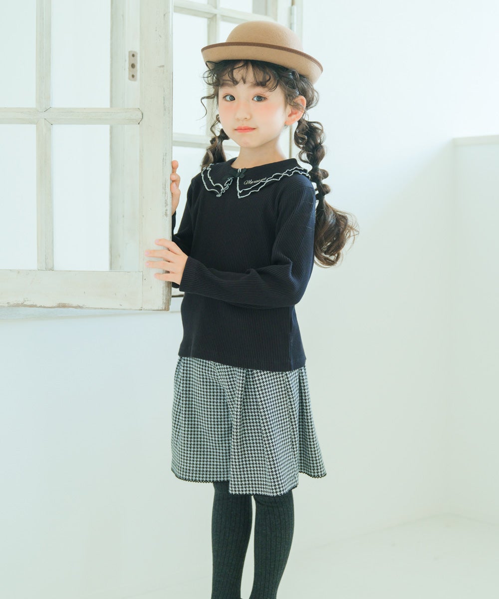 子供服 女の子 こども服 キッズ リブ フリル メロウ リボン ブランドロゴ 襟付き ブラック(00) モデル画像アップ
