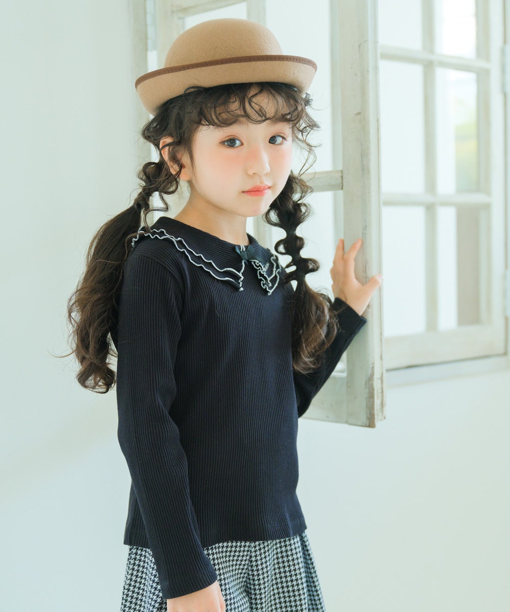 子供服 女の子 こども服 キッズ リブ フリル メロウ リボン ブランドロゴ 襟付き ブラック(00) モデル画像全身