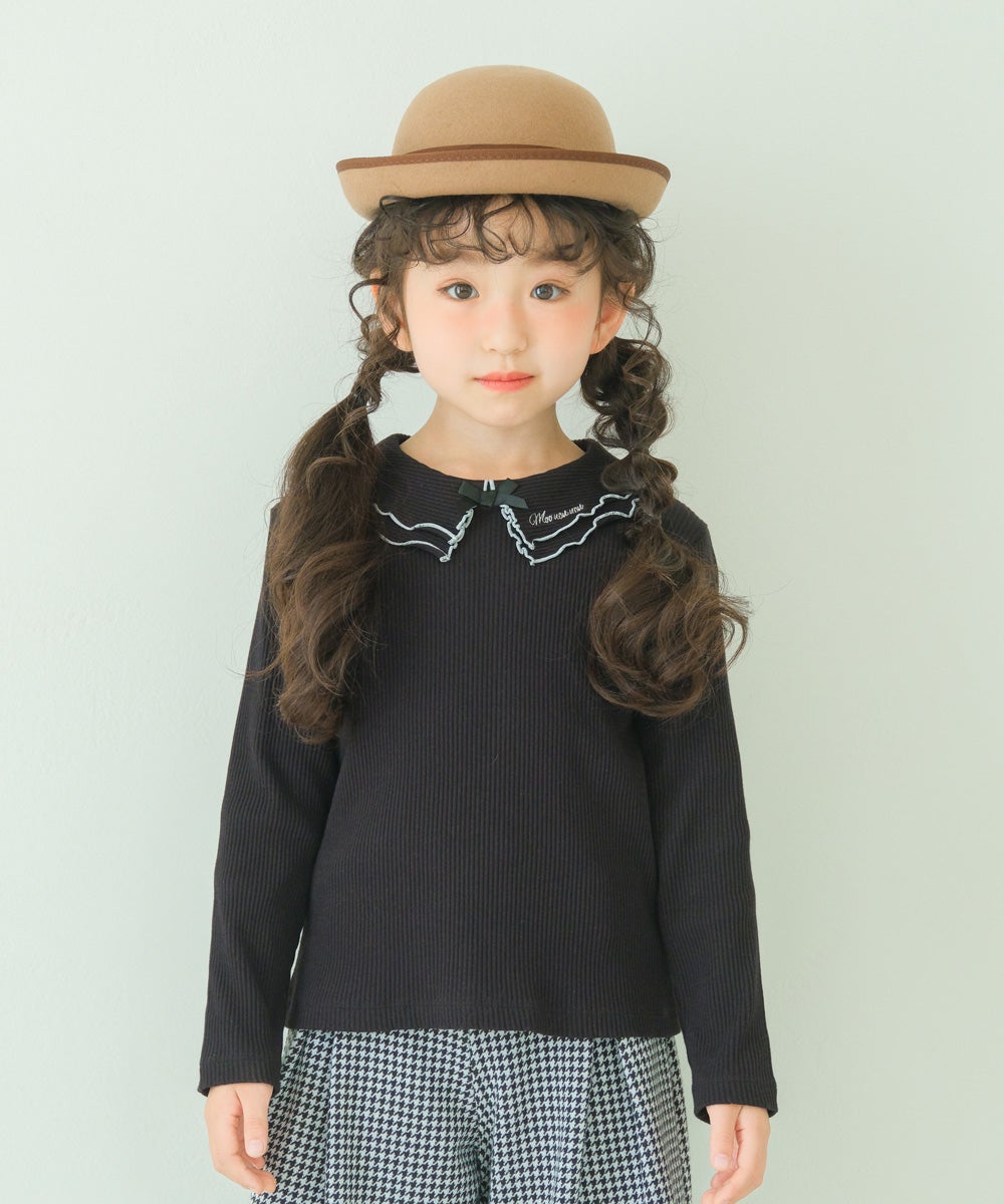 子供服 女の子 こども服 キッズ リブ フリル メロウ リボン ブランドロゴ 襟付き ブラック(00) モデル画像1