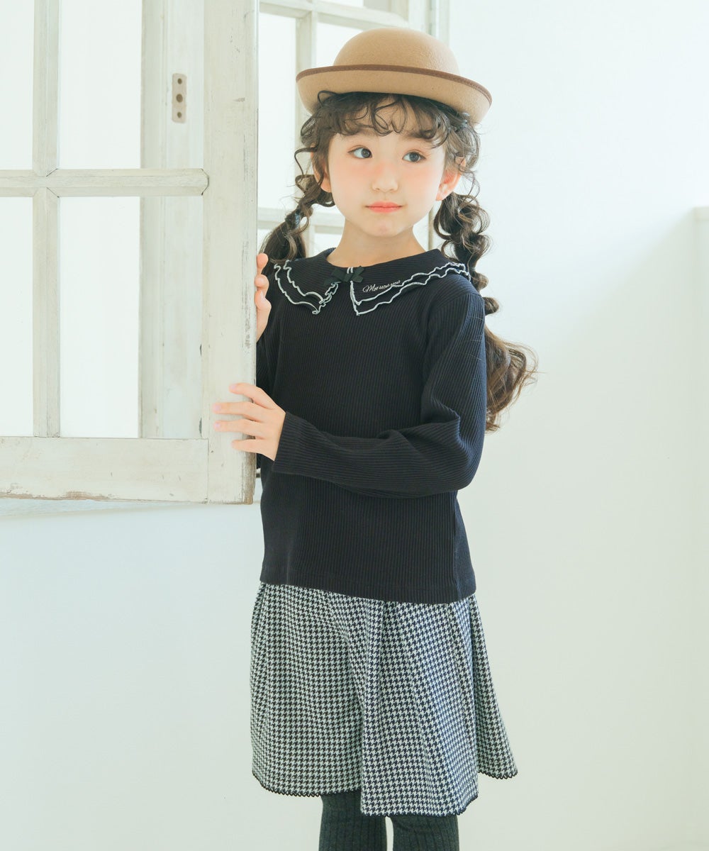 子供服 女の子 こども服 キッズ リブ フリル メロウ リボン ブランドロゴ 襟付き ブラック(00) モデル画像2