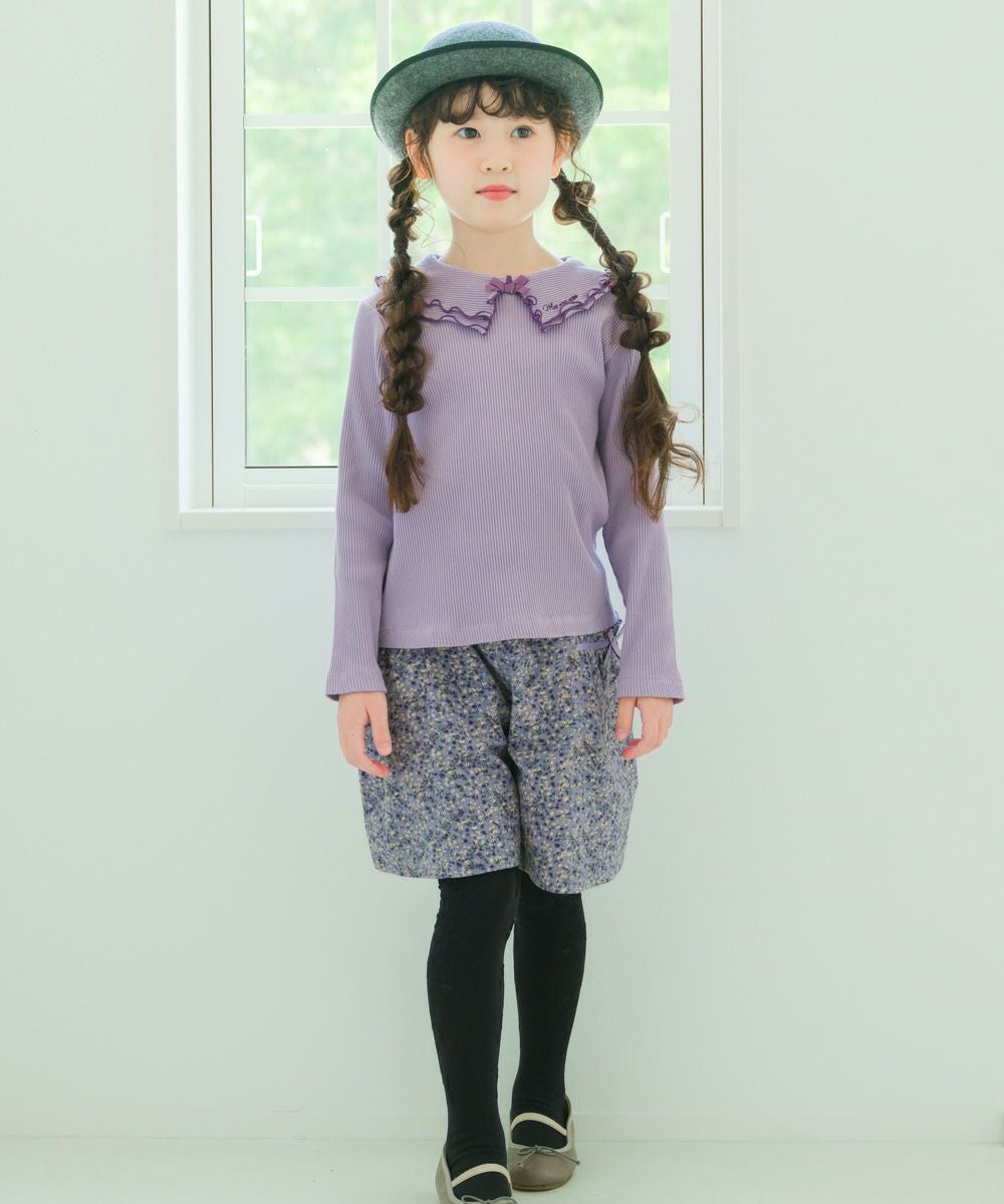 子供服 女の子 【TIME SALE】フリル襟 リブ Tシャツ パープル(91) モデル画像アップ