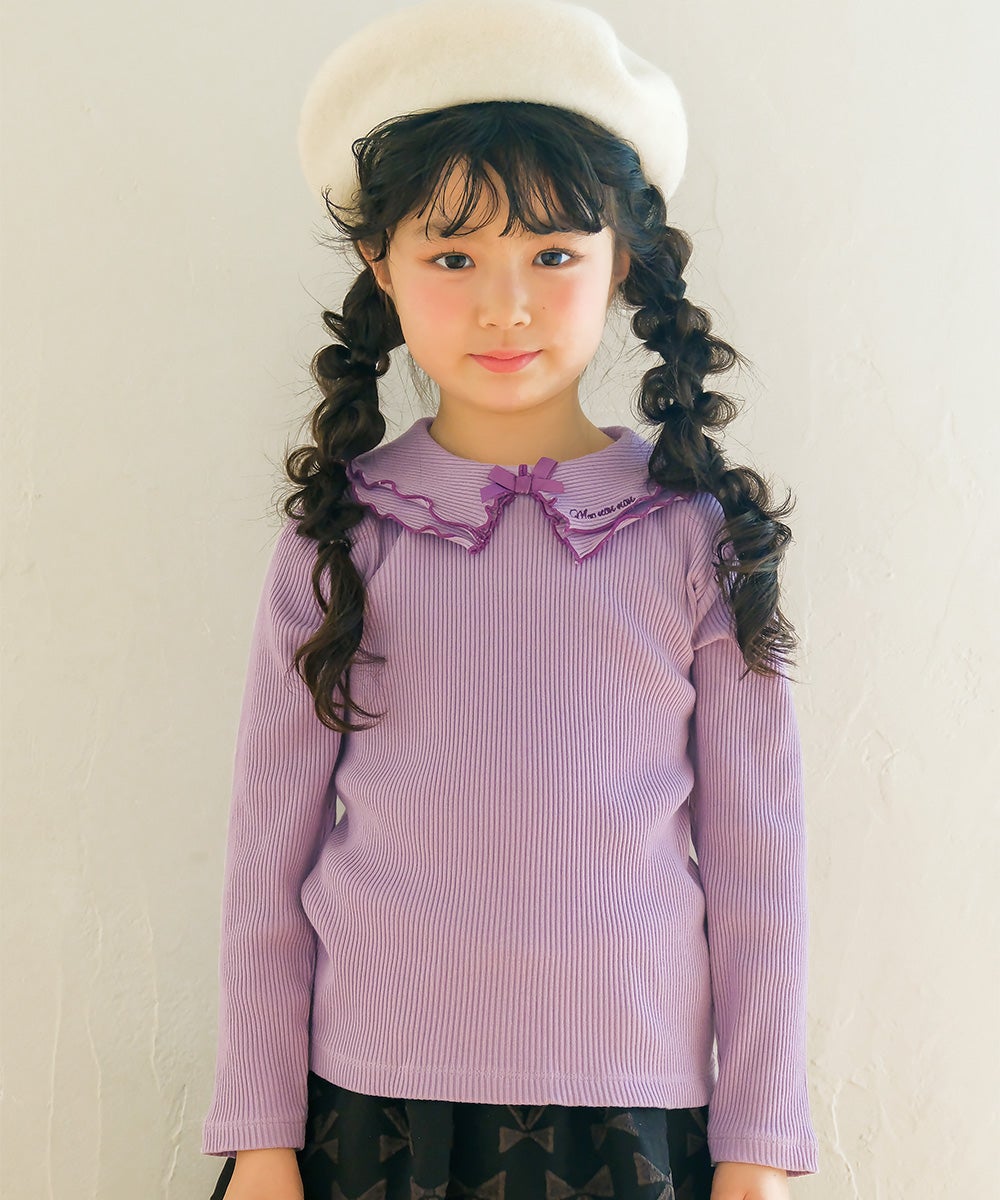 子供服 女の子 こども服 キッズ リブ フリル メロウ リボン ブランドロゴ 襟付き パープル(91) モデル画像アップ